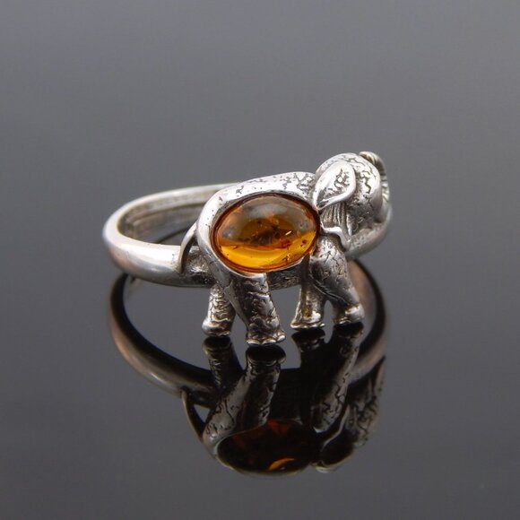 Natural Baltic Cognac Amber Adjustable Lucky Elephant Ring in S925 - Picture 2 of 5